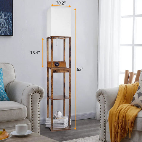 Must Have Floor Lamp With Shelves For Living Room And Bedroom, USB Ports A And C, Smart Wireless Charger, Rustic Brown