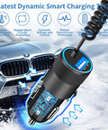 Dual USB Fast Car Charger 4.8A With 6ft Coiled Lightning Cable showing interior and protection features.