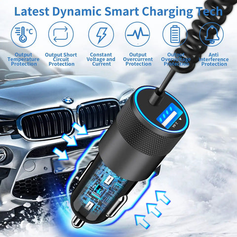 Dual USB Fast Car Charger 4.8A With 6ft Coiled Lightning Cable showing interior and protection features.