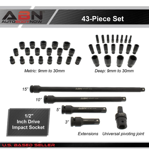 One Half Inch Drive Metric Shallow And Deep Impact Socket Set 43 Piece Kit 9mm To 30mm With Extensions And Swivel Joint