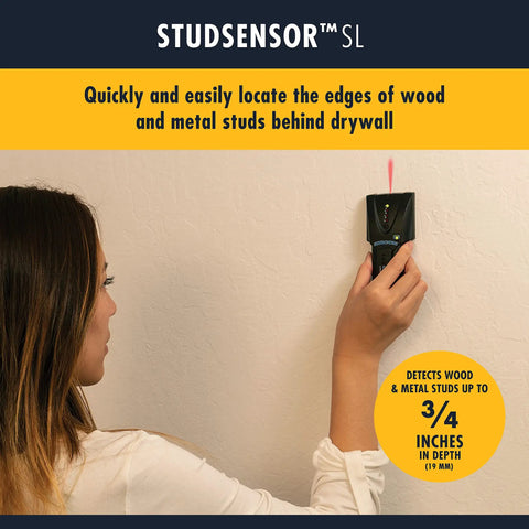 Badass Slick Wood and Metal Stud Finder with Edge Detection Wall Scanner in use against a drywall surface.