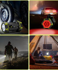 Emergency Spotlight Flashlight And Rechargeable Camping Lantern used for car repair, road safety, hiking, and tent lighting.
