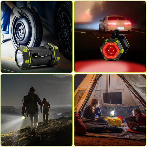 Emergency Spotlight Flashlight And Rechargeable Camping Lantern used for car repair, road safety, hiking, and tent lighting.