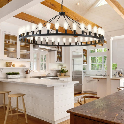 Massive Black Wagon Wheel Chandelier, 64 Inch, 30-Light Farmhouse Round Industrial Ceiling Light in a bright modern kitchen