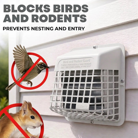 Universal Outdoor Vent Bird Guard for 3 to 4 inch dryer and bath exhaust covers with bird and rodent prevention illustration.
