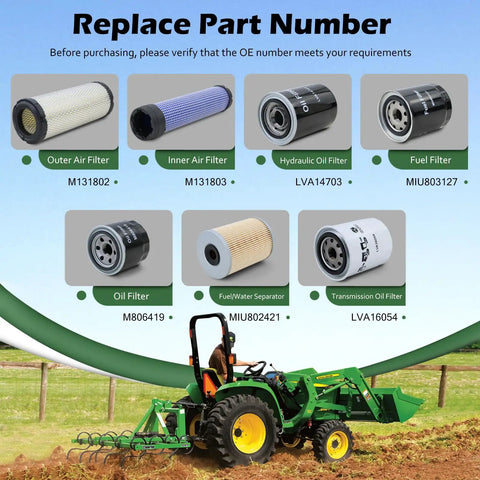 Image showing a John Deere compact utility tractor alongside filter kit components. All In One Heavy Duty Maintenance Filter Kit For 3025E 3032E 3036E 3038E Compact Utility Tractors Compatible With John Deere Replaces Outer Air Filter M131802 Inner Air Filter M131803 Hydraulic Filter LVA14703 Transmission Filter LVA16054.