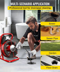 Man using Heavy Duty Electric Drain Auger Kit With Cutter And Anti Slip Glove for cleaning floor drain in bathroom.