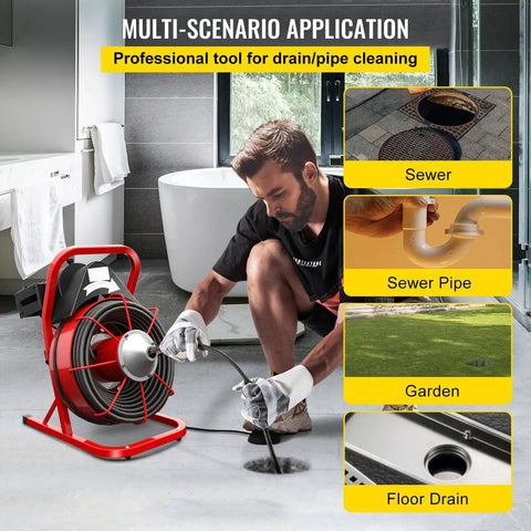 Man using Heavy Duty Electric Drain Auger Kit With Cutter And Anti Slip Glove for cleaning floor drain in bathroom.