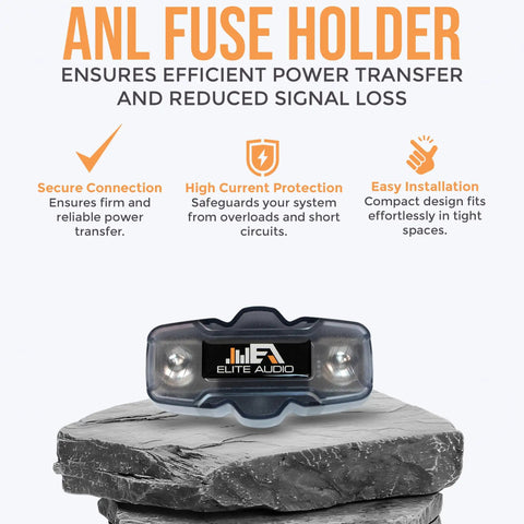 ANL fuse holder from Beefy 1000W Car Amp Install Kit with features for efficient power transfer highlighted above.