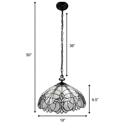 Retro Style Stained Glass Pendant Light With 18 Inch White Shade Two Light Fixture showing size and chain details