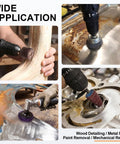 35 Piece Flap Sanding Kit, Pro Grade, With One Quarter Inch Shank For Drill And Die Grinder in use on wood and metal surfaces