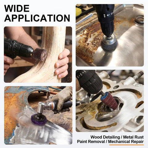 35 Piece Flap Sanding Kit, Pro Grade, With One Quarter Inch Shank For Drill And Die Grinder in use on wood and metal surfaces