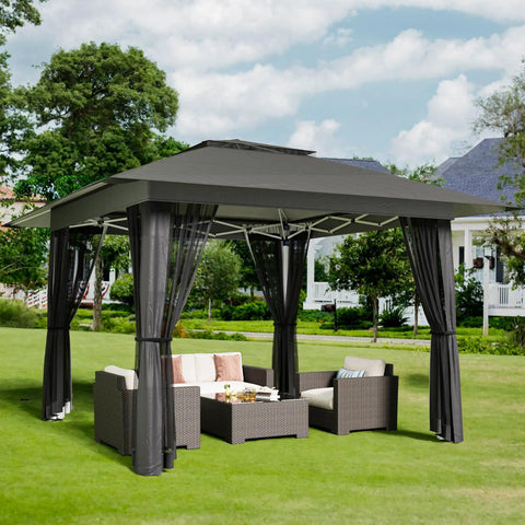 13x13 Pop Up Gazebo Tent With Mosquito Netting For Outdoor Lawn And Backyard Use, Includes 4 Sandbags, 8 Stakes, 4 Ropes, Roller Bag, Easy Setup Canopy With Three Height Options 8.5, 8.9 And 9.2 Feet, Gray
