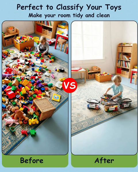 Before and after image showing playroom tidiness using 6 Pack Extra Large Clear Toy Storage Bags With Tag And Pocket