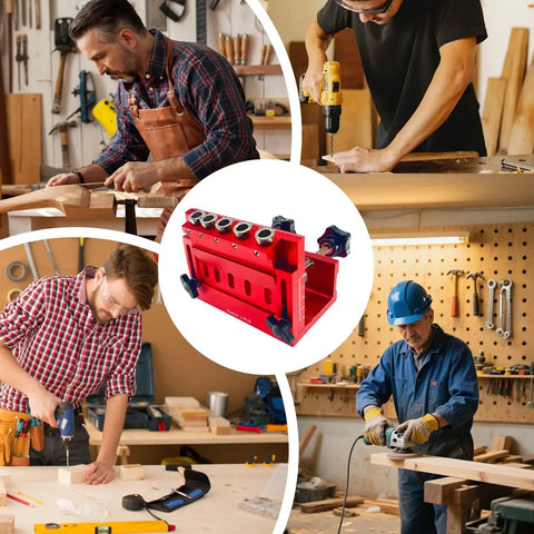 Adjustable Pocket Hole Jig And Precision Woodworking Guide Crafted From Heavy Duty Aluminum Alloy For Precise Angle Drilling and Rock Solid Joint Alignment That Simply Knocks It Out Of The Park in a woodworking shop.