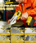 Heavy Duty Cordless Metal Shears Compatible With 21V Max Batteries cutting through metal plate for various materials.