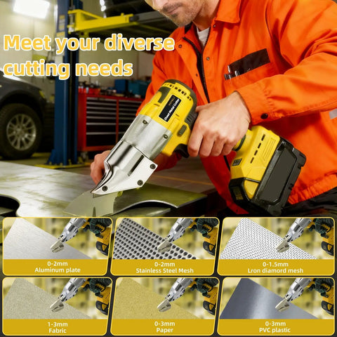 Heavy Duty Cordless Metal Shears Compatible With 21V Max Batteries cutting through metal plate for various materials.