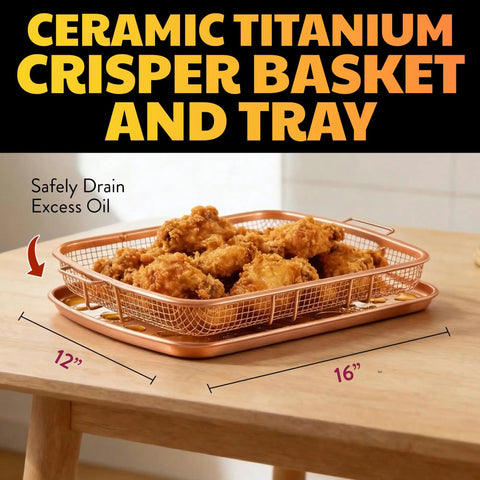 Two Piece Aluminum Baking Sheet With Air Fry Rack And Copper Nonstick Coating For Oven 16.5 By 12.5 Inch with fried chicken