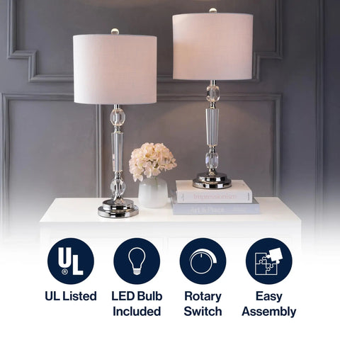 27 Inch Clear Crystal LED Table Lamp Set of 2 for Living Room or Bedroom with Chrome Base and White Linen Shade on Table