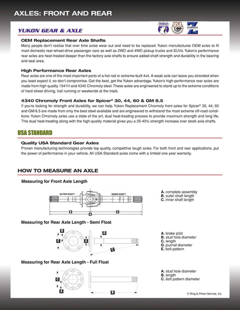 Rear axle bearing and seal kit by Yukon Gear & Axle; OEM rear shafts and front/rear axle diagrams