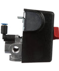 Side view of CW209000AV Air Compressor Heavy Duty Pressure Switch 100 To 135 PSI For Quarter Inch NPT Four Port Manifold Auto On Off With EVWSi Unloader Ninety Degree Quick Connect showing ports and connectors
