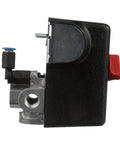 Side view of Air Compressor Pressure Switch 125 to 155 PSI Auto On Off Unloader EV WSi 90 Degree One Quarter Inch NPT Four Port Replacement