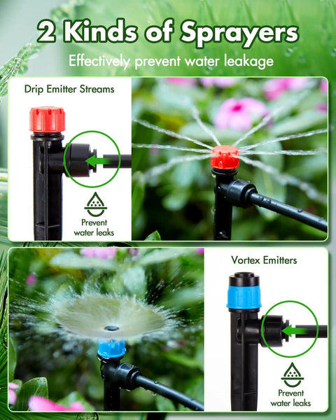 95.5 Feet Drip Irrigation Kit For Automatic Garden Watering With drip emitter streams and vortex emitters in action