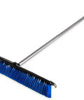 No Nonsense Commercial Floor Sweep With Integrated Squeegee Includes Sixty Inch Three Piece Aluminum Handle And 24 Inch Broom Head Built Tough To Knock Back Grease And Debris Fast At Restaurants Or Buffets Easy Breakdown In Blue Pack Of Three - side view of blue broom with aluminum handle.