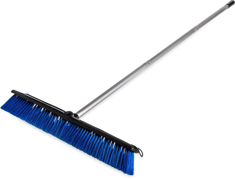 No Nonsense Commercial Floor Sweep With Integrated Squeegee Includes Sixty Inch Three Piece Aluminum Handle And 24 Inch Broom Head Built Tough To Knock Back Grease And Debris Fast At Restaurants Or Buffets Easy Breakdown In Blue Pack Of Three - side view of blue broom with aluminum handle.