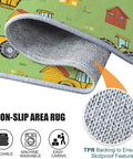 Ultra Soft 3x5 Ft Cartoon Farm Field Tractor Area Rug For Dining Room Bedroom And Living Room Stain And Water Resistant Non Slip Rug Pet And Kid Friendly Machine Washable Faux Wool Comfort With Low Profile 0.24 Inch Thick, showing non-slip TPR backing and cartoon print.