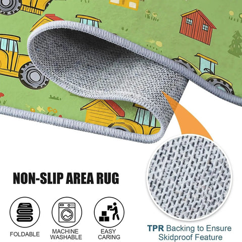 Ultra Soft 3x5 Ft Cartoon Farm Field Tractor Area Rug For Dining Room Bedroom And Living Room Stain And Water Resistant Non Slip Rug Pet And Kid Friendly Machine Washable Faux Wool Comfort With Low Profile 0.24 Inch Thick, showing non-slip TPR backing and cartoon print.
