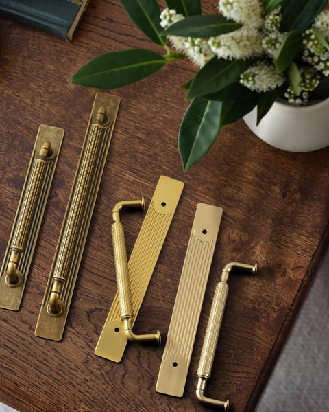 Antique Brass Cabinet Pulls With Backplates, Solid Zinc Alloy Kitchen Drawer Hardware, Crest Wave Plate Style, 2 Pack on table