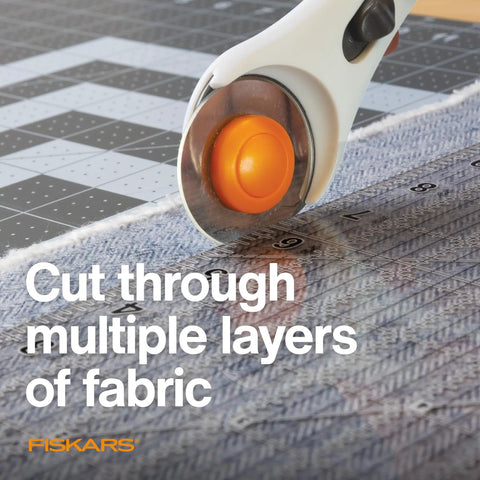 45mm Rotary Cutter Replacement Blades 5 Pack Ultra Sharp Precision Knives cutting through fabric layers on a ruler.