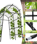 7.5 Ft Metal Garden Arch Trellis With Netting, Adjustable 35 To 45 Inch Arbor detail with vines and steel frame highlights