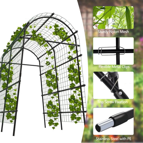 7.5 Ft Metal Garden Arch Trellis With Netting, Adjustable 35 To 45 Inch Arbor detail with vines and steel frame highlights