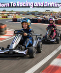 Kids riding 24V Electric Drift Go Kart With Dual 800W Motors 10Ah Battery 8.2 MPH Top Speed 3 Speed Modes on track