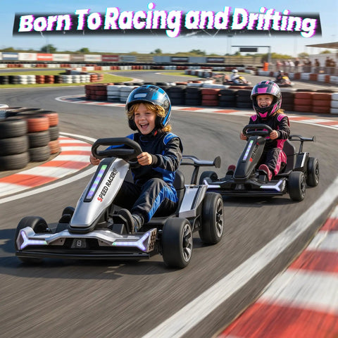 Kids riding 24V Electric Drift Go Kart With Dual 800W Motors 10Ah Battery 8.2 MPH Top Speed 3 Speed Modes on track