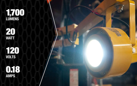 20W LED Dock Light With 40 Inch Folding Arm, 1700 Lumens, IP65 Rated Yellow Job Site Light Built Tough From Durable Metal