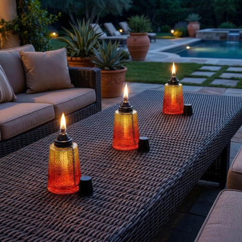Citronella Glass Table Top Torches For Outdoor Patio 16oz Set Of 3 Red White Blue Decorative Torch Candles for Deck Backyard Parties