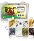 Slayer 28 Piece Fishing Kit With 20 Crawdad Bodies And 8 Size 6 Long Shank Hooks for small streams and lakes displayed in box