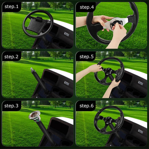 Step-by-step guide showing installation of Sweet Upgrade Universal Golf Cart Steering Wheel Featuring Legit Skid Design 12.5 Inch All Black Aluminum Build.