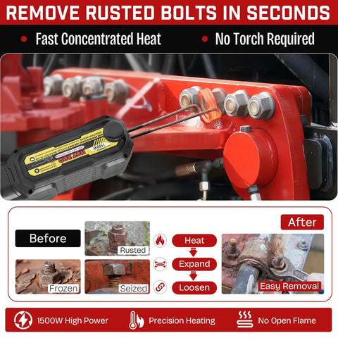 Badass 1500W Magnetic Induction Heater Kit For Loosening Rusted Bolts And Nuts With Rapid Heat Blast in action on rusted bolts.