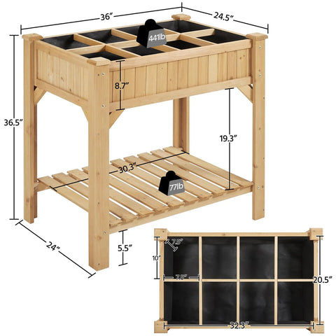 Raised Garden Bed With Grow Grid, 36 Inch High By 25 Inch Wide By 37 Inch Long, Eight Pocket Herb Planter built from fir wood with dimensions and weight capacity shown