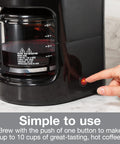 10-Cup Coffee Maker With Auto Pause And Serve, black design, durable borosilicate glass carafe, easy one-button operation