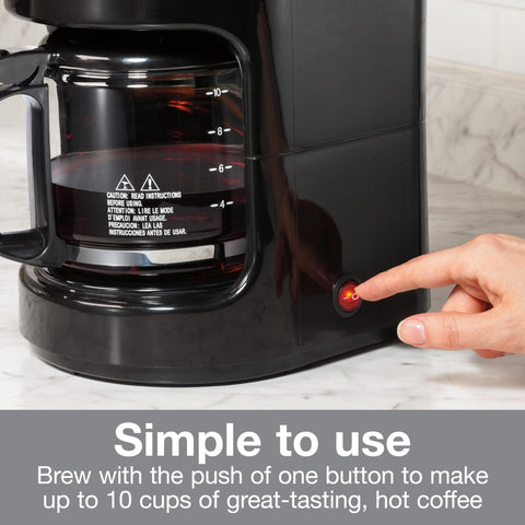 10-Cup Coffee Maker With Auto Pause And Serve, black design, durable borosilicate glass carafe, easy one-button operation