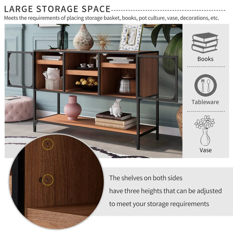 Rock Solid Industrial Buffet Sideboard Console Table With Rustic Farmhouse Barnwood Vibe And Heavy Metal Grid Doors providing adjustable storage for decor.