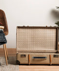 Open vintage suitcase on floor showing two leather handles for drawers cabinets and luggage with mounting screws, soft-touch leather