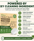 Heavy Duty Washing Machine Cleaner and Descaler Tablets with Deodorizer packaging and cleaning ingredients list
