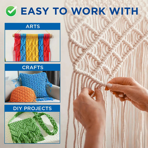 Person weaving with Cotton Rope 3/16 Inch 50 Ft All Purpose Braided Rope Sky Blue Quick-Drying Natural Cotton With Synthetic Core.
