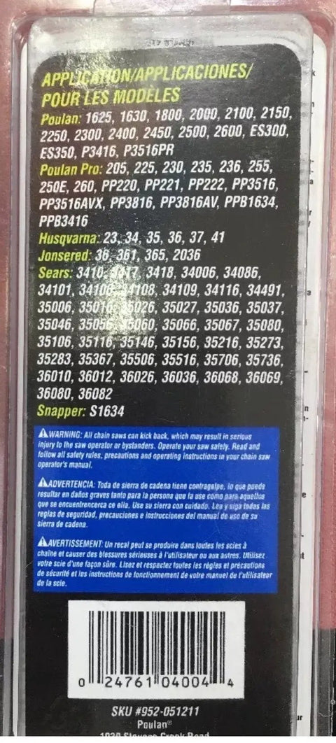 Packaging label listing compatible chainsaw models for 16 Inch Chainsaw Chain Three Eighths Pitch For Low Kickback Chamfer Chisel Cutters